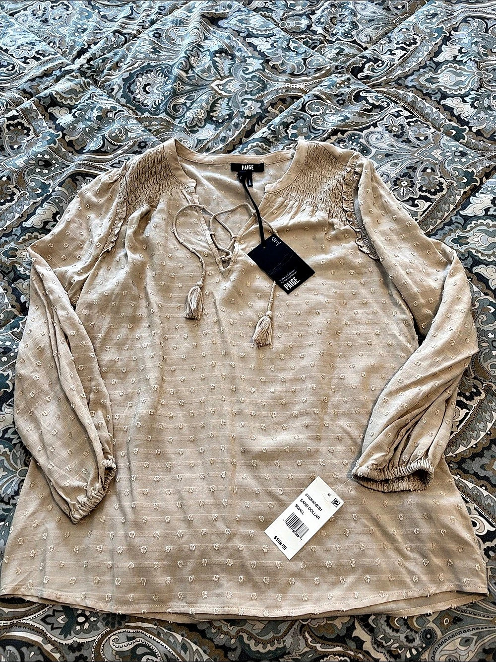 Paige Shaylene Top Long Sleeve Blouse in Beige Size Small NWT